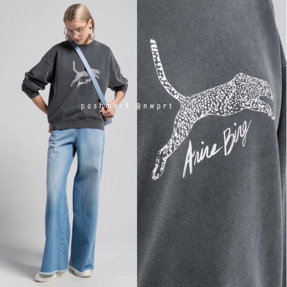 Anine Bing Gray Sweatshirt with Leopard Graphic